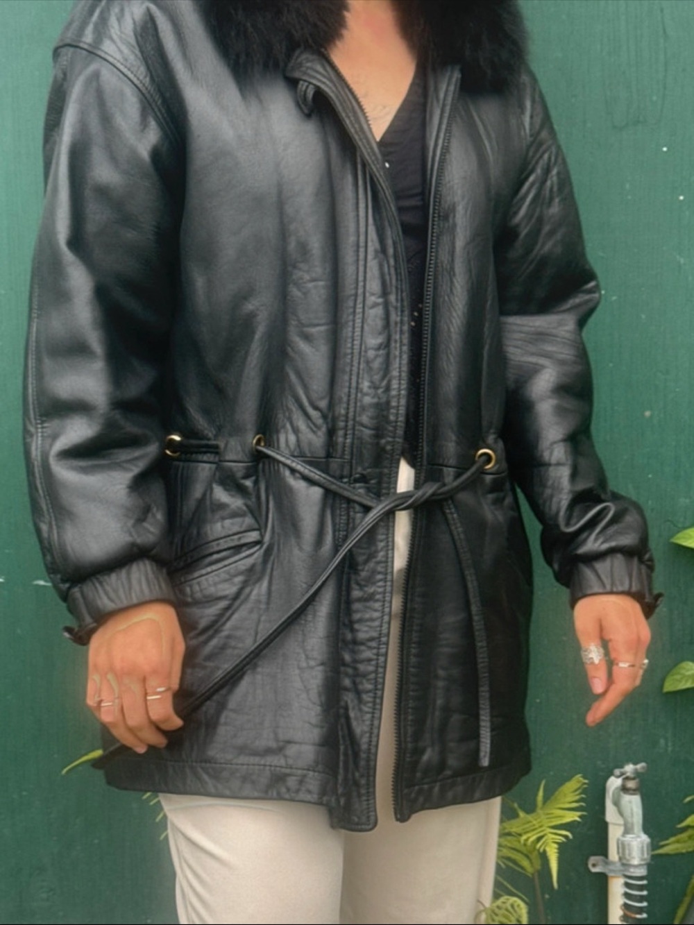 Black Leather Trench Coat with Fur Collar and Drawstring Waist